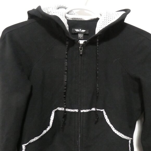 BEBE SPORT | small | Black & White Cropped Mesh Lined Hoodie | Logo & Stripes - Picture 5 of 15